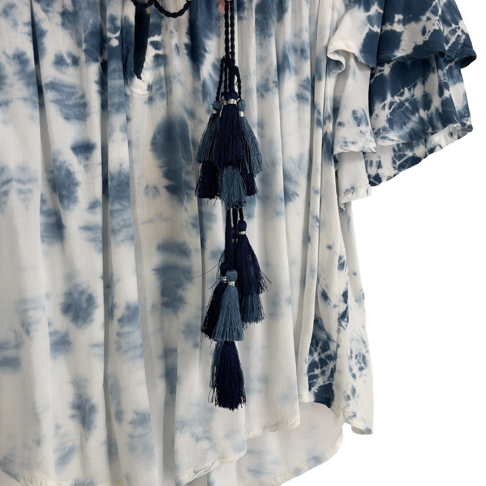 Surf Gypsy Shirt Womens Off Shoulder Blue Tie Dye Flowy Tassel Short Sleeve S - Picture 4 of 10